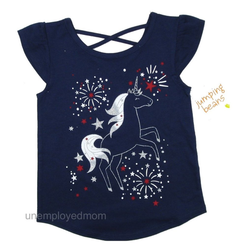 Girls Fireworks Unicorn Tee Top Crisscross Back Shirt Patriotic